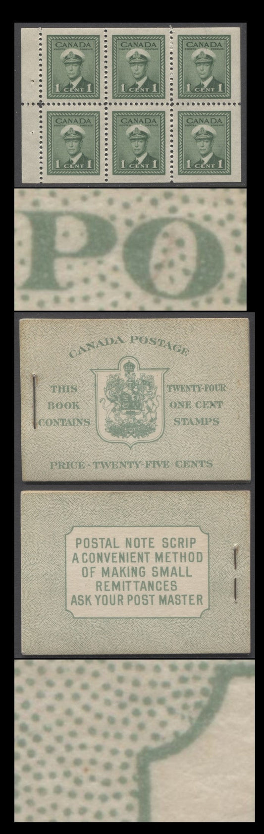 Canada #BK32fEIIaCbiv 1942-1947 War Issue, A Complete 25c English Booklet, 4 Panes Of 6 1c Green, Front Cover IIa, Back Cover Cbiv, Cover Type IIa, 7c & 6c Rate Page, 'Post Master' Two Words, 699,000 Issued, Horizontal Ribbed Panes