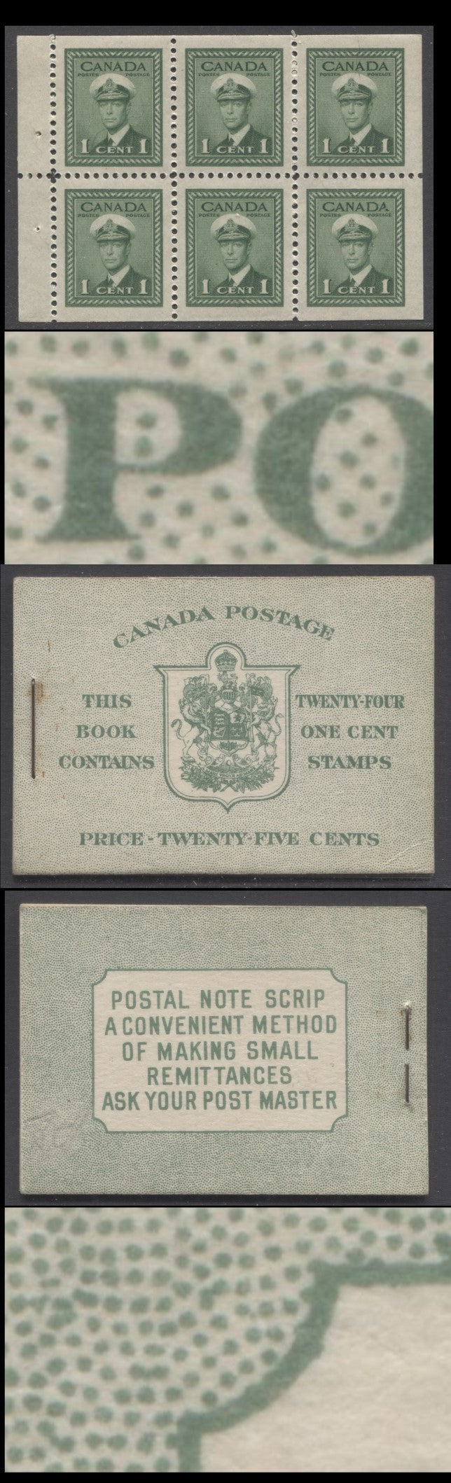 Lot 351 Canada (C) #BK32fE 1942-1947 War Issue, A Complete 25c English Booklet, 4 Panes Of 6 1c Green, Front Cover IIb, Back Cover Cbi, Cover Type IIa, 7c & 6c Rate Page, 'Post Master' Two Words, Paper CBN-XXXXX
