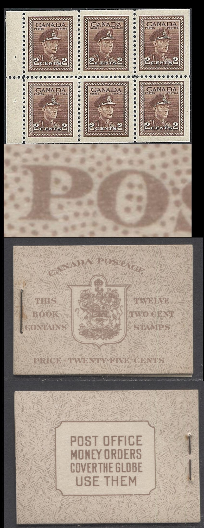 Lot 317 Canada #BK33aEIIc 1942-1947 War Issue, A Complete 25c English Booklet, 2 Panes Of 6 2c Brown, Front Cover IIc, Type 1 Cover, 6c Airmail Rate Page, CBN-BBBBB