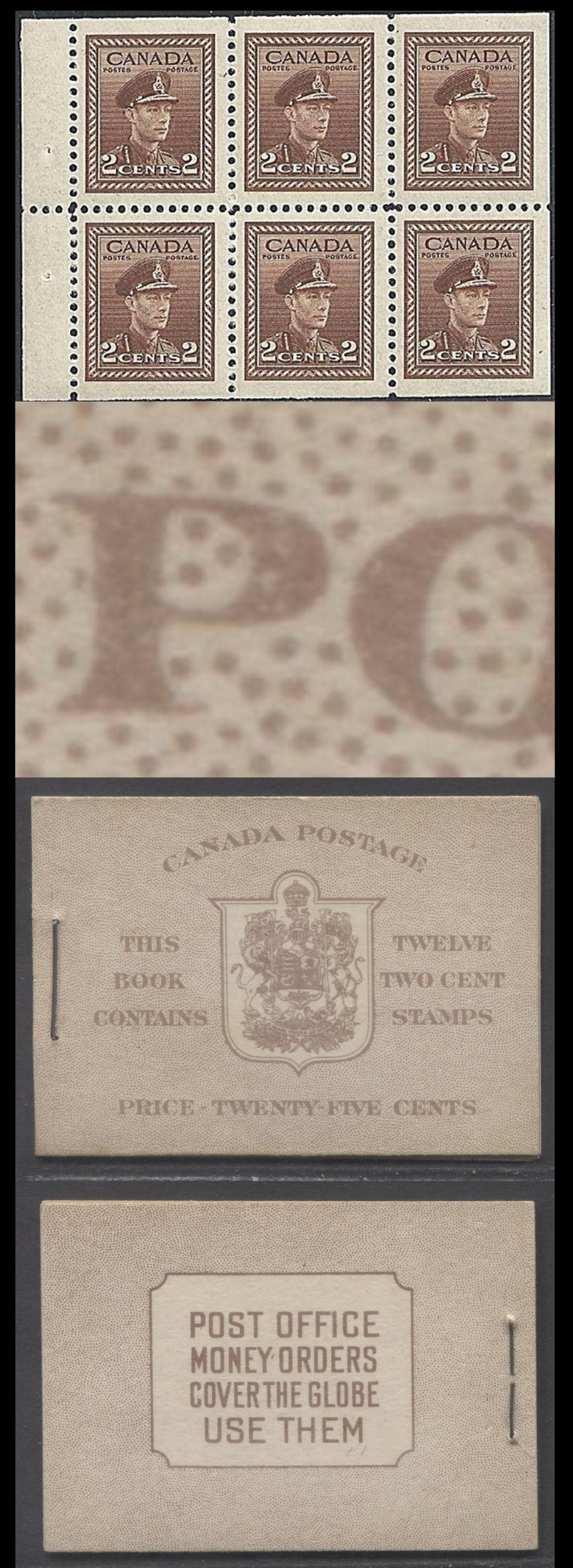 Canada #BK33aE 1942-1947 War Issue, A Complete 25c English Booklet, 2 Panes Of 6 2c Brown, Front Cover IId, Type 1 Cover, 6c Airmail Rate Page, Vertical Cutting Guideline To Lower Left On Front Cover, 75,000 Issued