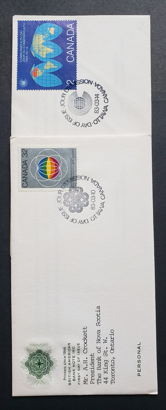 Canada #976-977 1983 World Communications Year & Commonwealth Day, BABN FDC’s, Franked With Singles