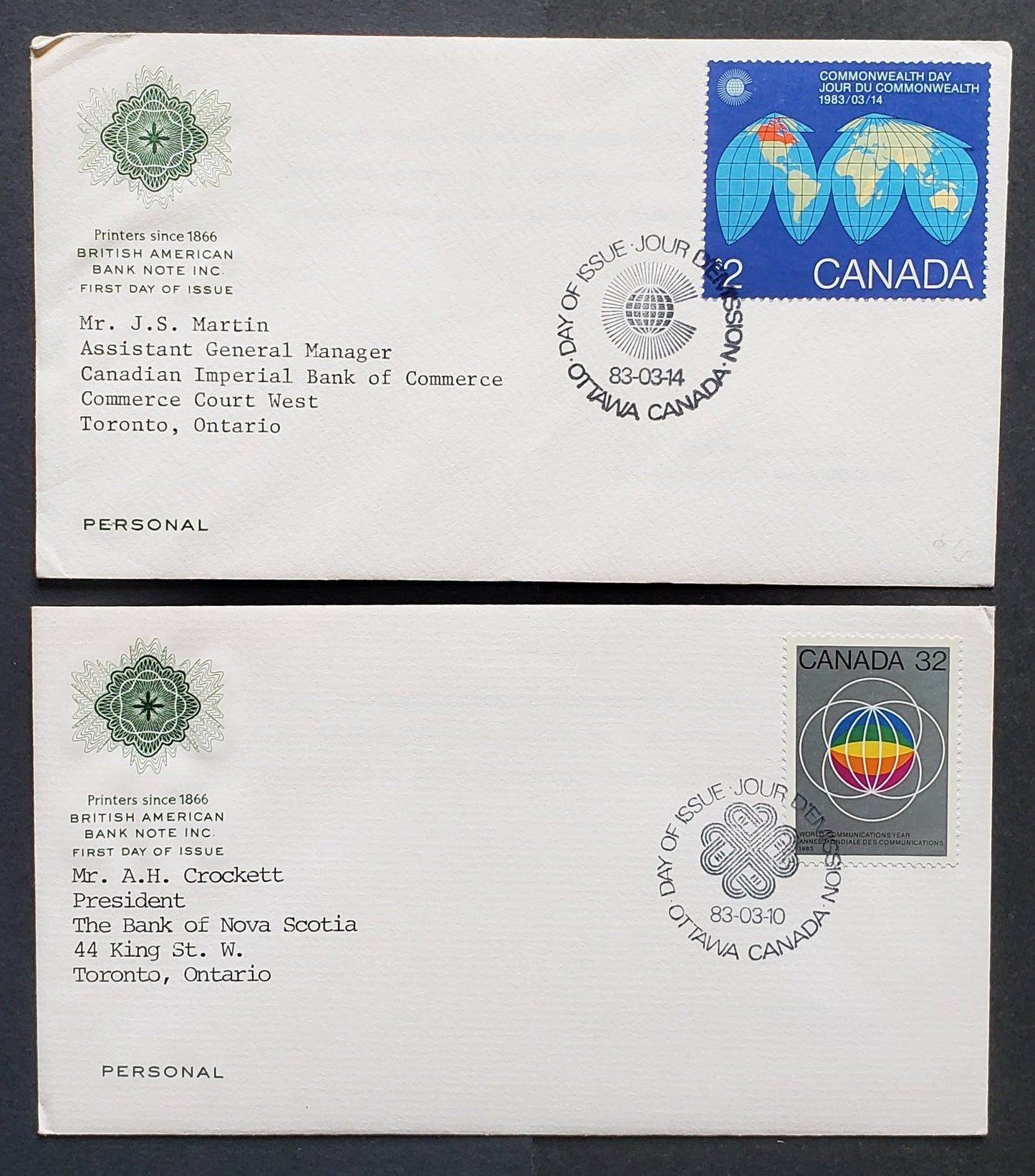 Canada #976-977 1983 World Communications Year & Commonwealth Day, BABN FDC’s, Franked With Singles