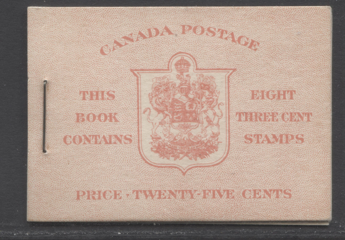 Canada #BK34aEIIe 1942-1947 War Issue, A Complete 25c English Booklet, 2 Panes Of 4+2 Labels 3c Dark Carmine, Front Cover IIe, Type 1A Cover, 6c Airmail Rate Page, 4,650,000 Issued, 17 mm Staple