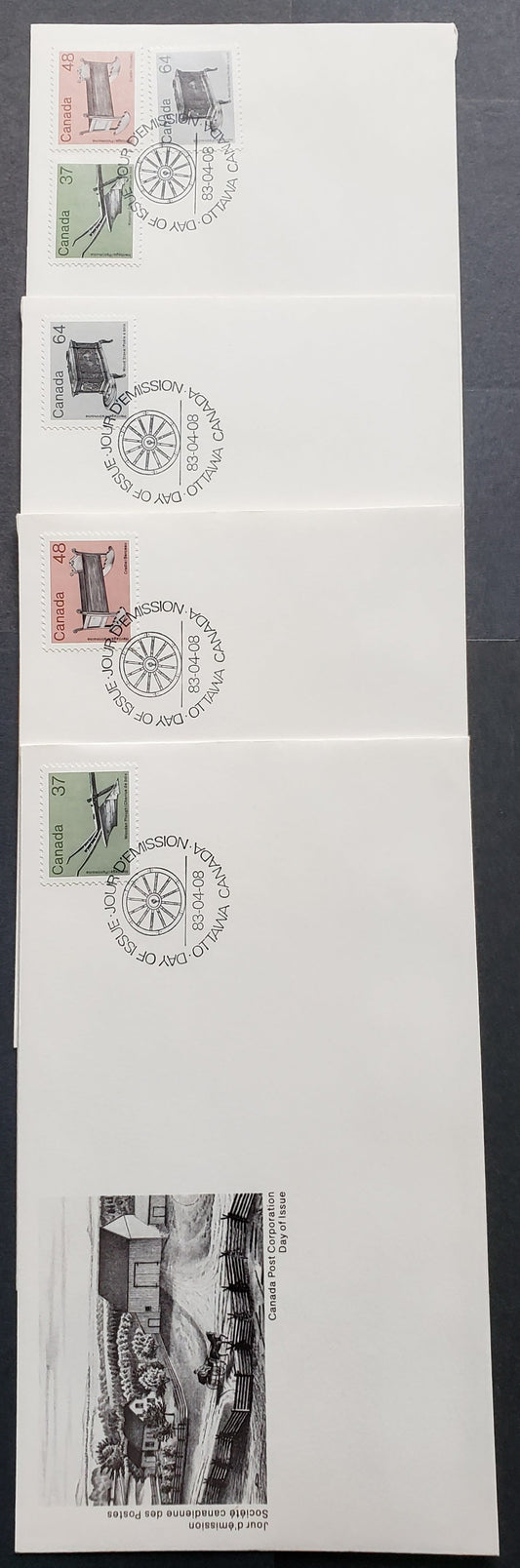 Canada 927, 929, 932 1983 Medium Value Artifact Definitives, 4 Official FDC’s Franked Singles and Combinations on DF and LF papers