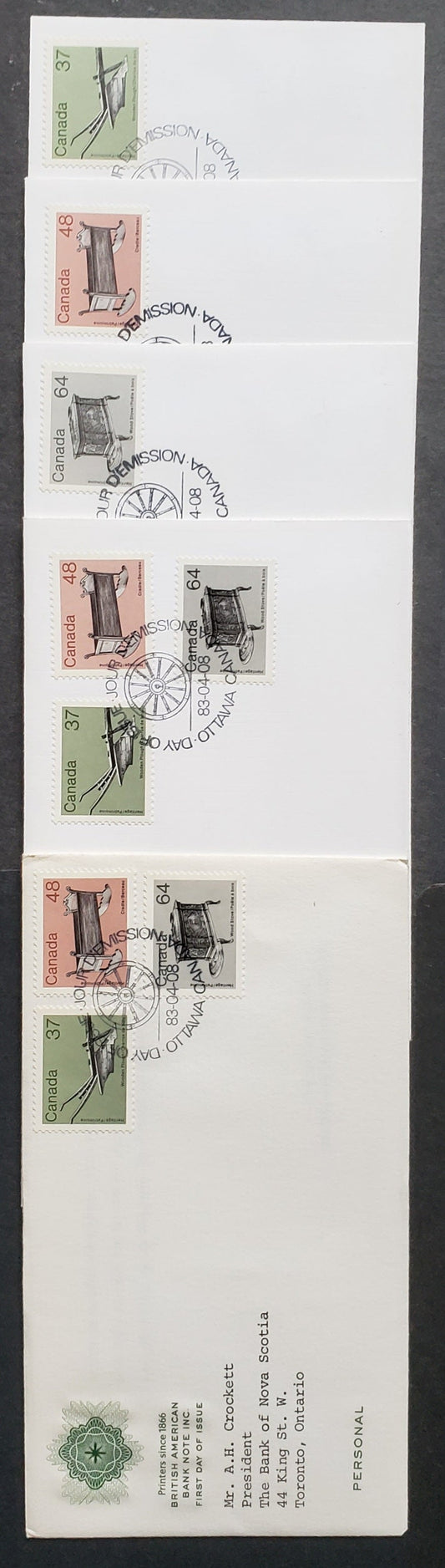 Canada 927, 929, 932 1983 Medium Value Artifact Definitives, 5 Fleetwood and BABN FDC’s Franked Singles and Combinations on DF and LF papers