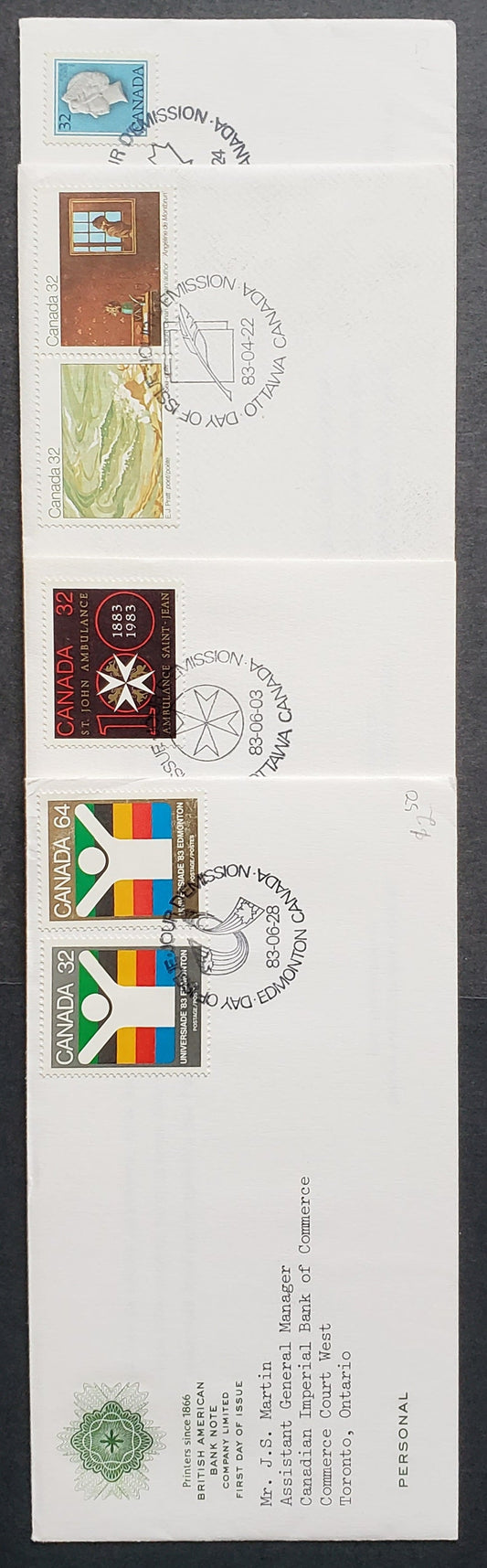 Canada #792, 979a, 980-982 1983 Queen Elizabeth II Definitive - World University Games, 4 BABN FDC’s Franked With Singles, Pairs and Combinations, All DF Paper