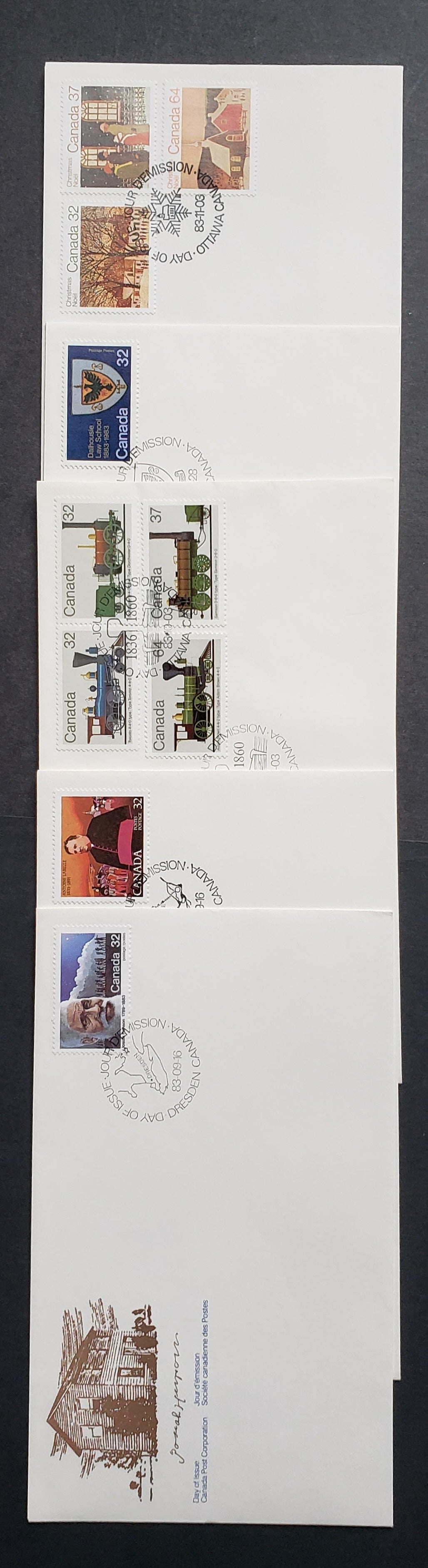 Canada #997-1006 1983 Pioneers – Christmas, 5 Official FDC’s Franked With Singles and Combinations