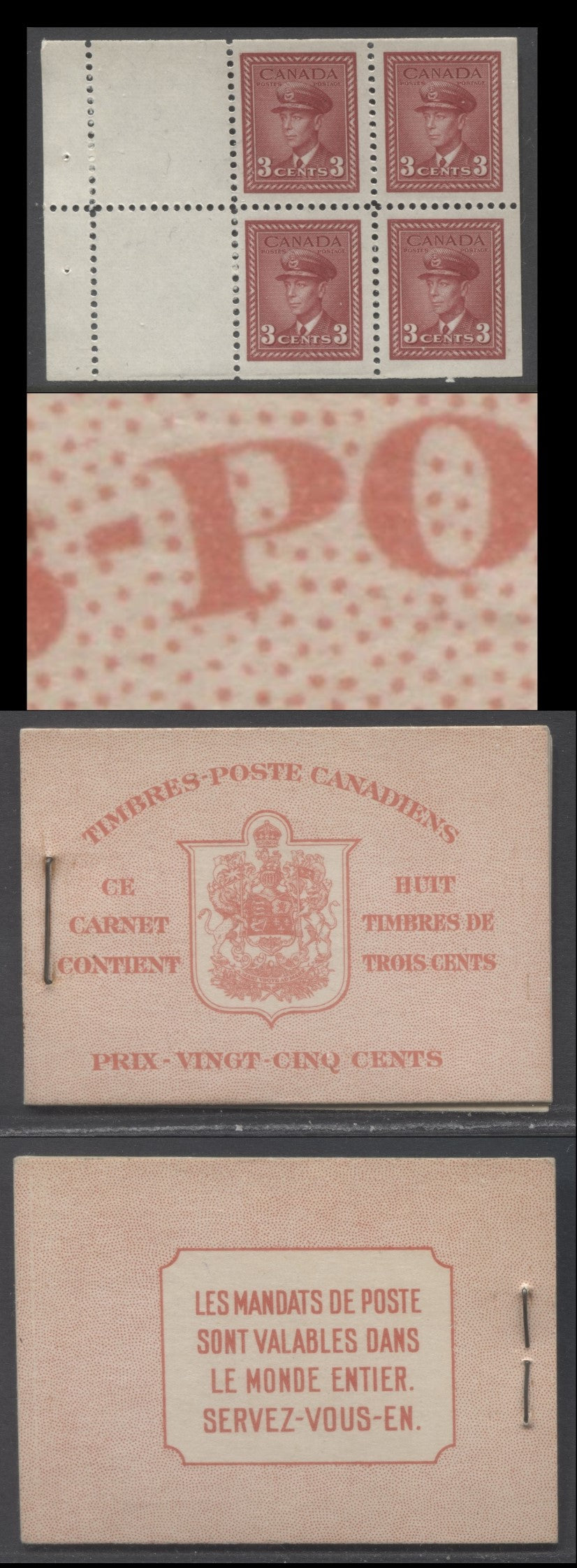 Lot 356 Canada (C) #BK34aFvar 1942-1947 War Issue, A Complete 25c French Booklet, 2 Panes Of 4+2 Labels 3c Dark Carmine, Front Cover IIn, Type 1B Cover, 6c Rate Page, Back Cover Shows Join Between Two 'Die' Down Left Side, Paper CBN-NNNNN