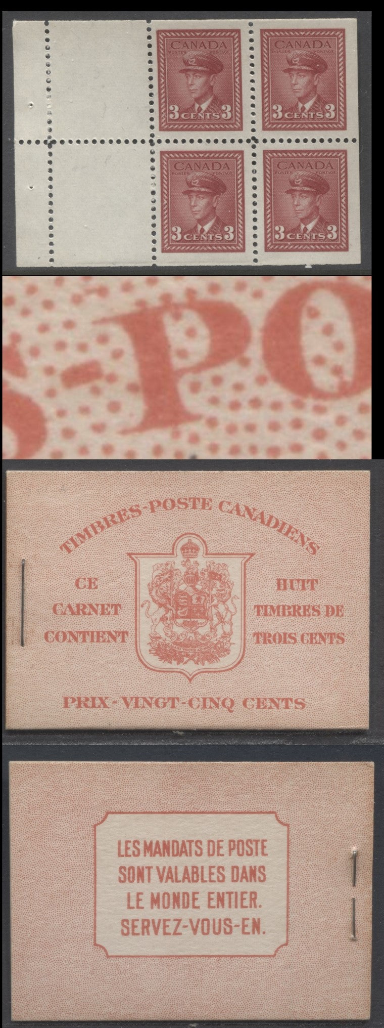 Lot 357 Canada (C) #BK34a 1942-1947 War Issue, A Complete 25c French Booklet, 2 Panes Of 4+2 Labels 3c Dark Carmine, Front Cover IIo, Type 1B Cover, 6c Rate Page, Paper CBN-AAAAA