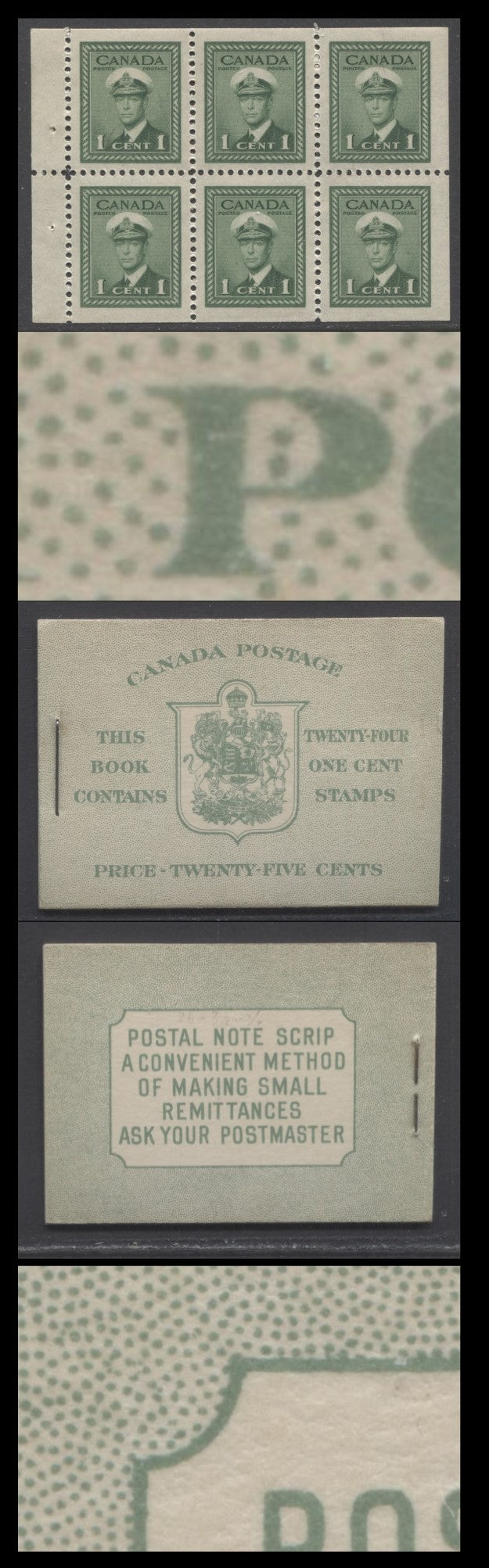 Lot 340 Canada (C) #BK32dEIIbCaiii 1942-1947 War Issue, A Complete 25c English Booklet, 4 Panes Of 6 1c Green, Front Cover IIb, Back Cover Type Caiii, Cover Type 2, 7c & 6c Airmail Rate Page, Postmaster One Word, 699,000 Issued, Paper CBN-UUUUU