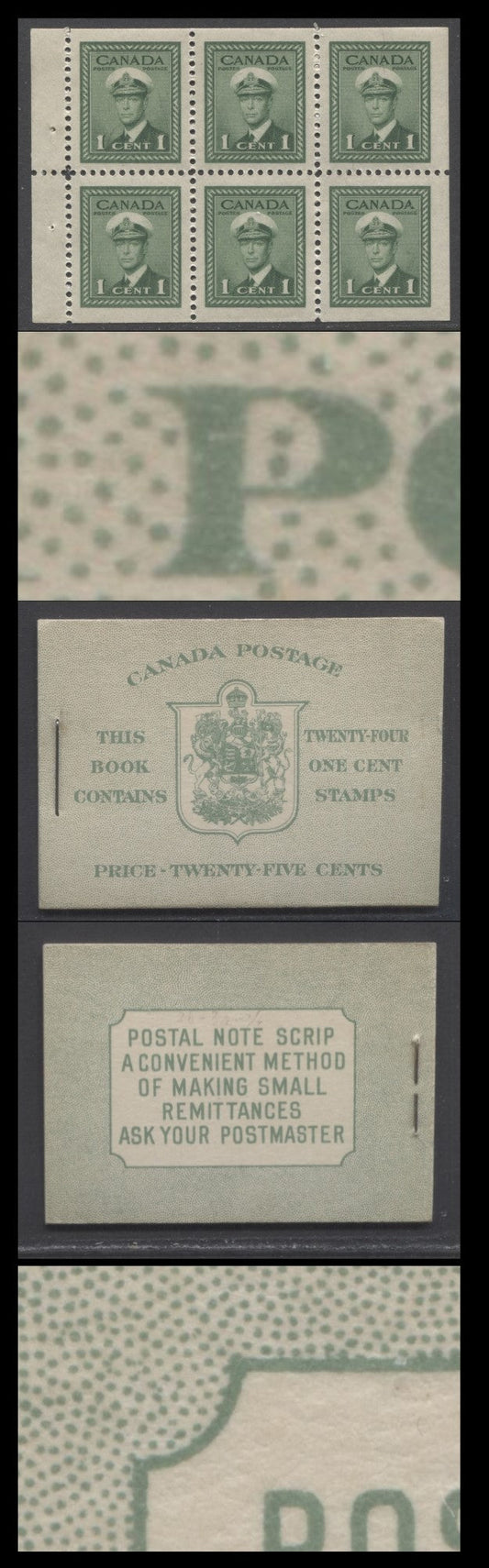 Lot 340 Canada (C) #BK32dEIIbCaiii 1942-1947 War Issue, A Complete 25c English Booklet, 4 Panes Of 6 1c Green, Front Cover IIb, Back Cover Type Caiii, Cover Type 2, 7c & 6c Airmail Rate Page, Postmaster One Word, 699,000 Issued, Paper CBN-UUUUU
