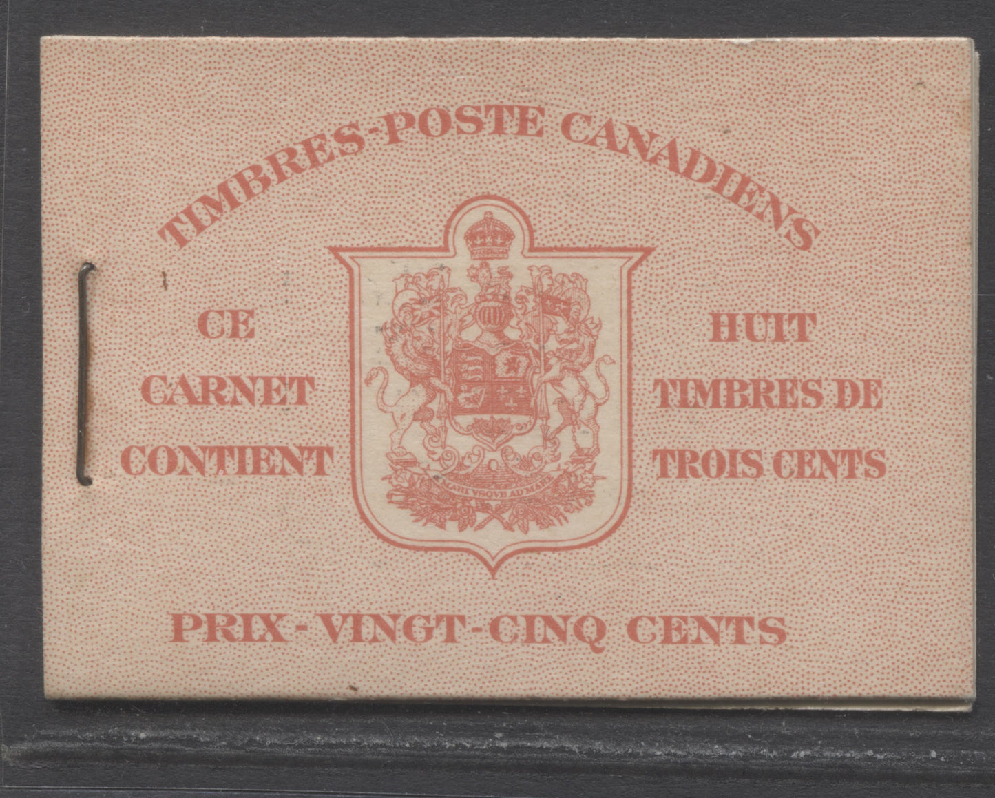 Lot 281 Canada #BK34dF 1942-1947 War Issue, A Complete 25c French Booklet, 2 Panes Of 4+2 Labels 3c Dark Carmine, Front Cover IIo, Type 1B Cover, Misplaced Surcharge Lines On Rate Page, CBN-AAAAA Paper/Gum