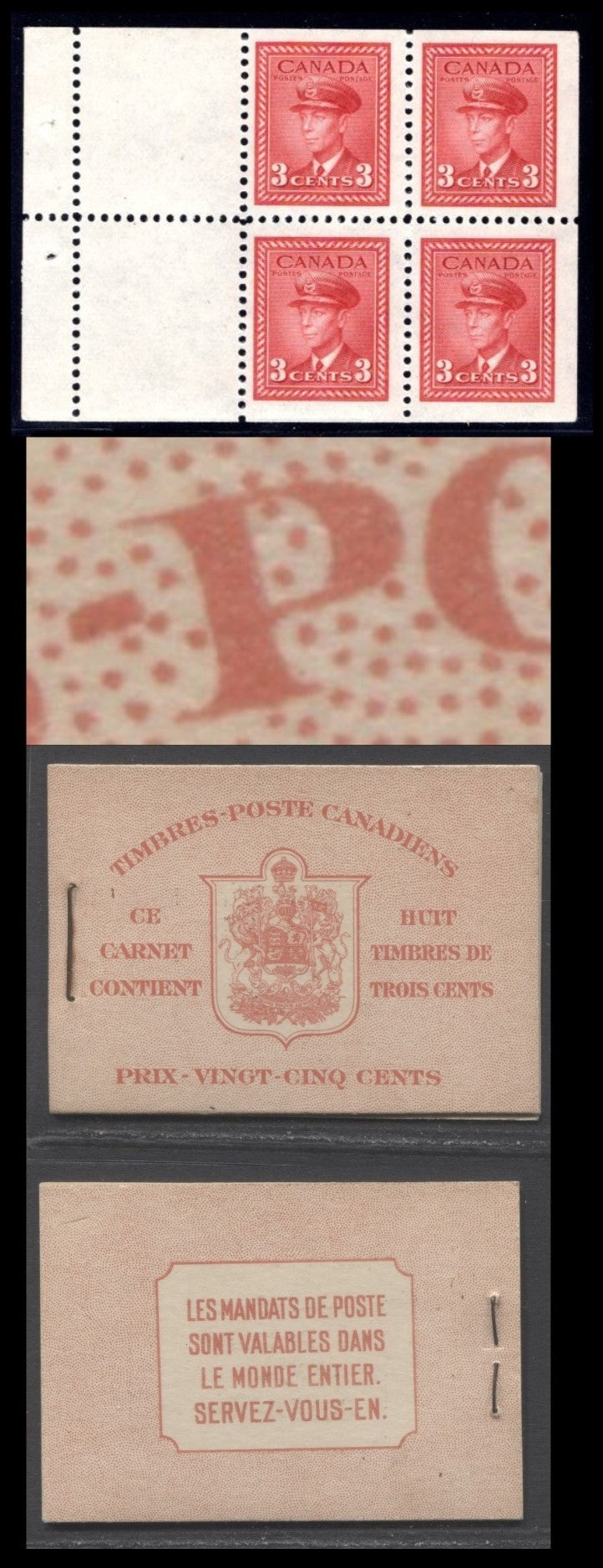 Lot 281 Canada #BK34dF 1942-1947 War Issue, A Complete 25c French Booklet, 2 Panes Of 4+2 Labels 3c Dark Carmine, Front Cover IIo, Type 1B Cover, Misplaced Surcharge Lines On Rate Page, CBN-AAAAA Paper/Gum