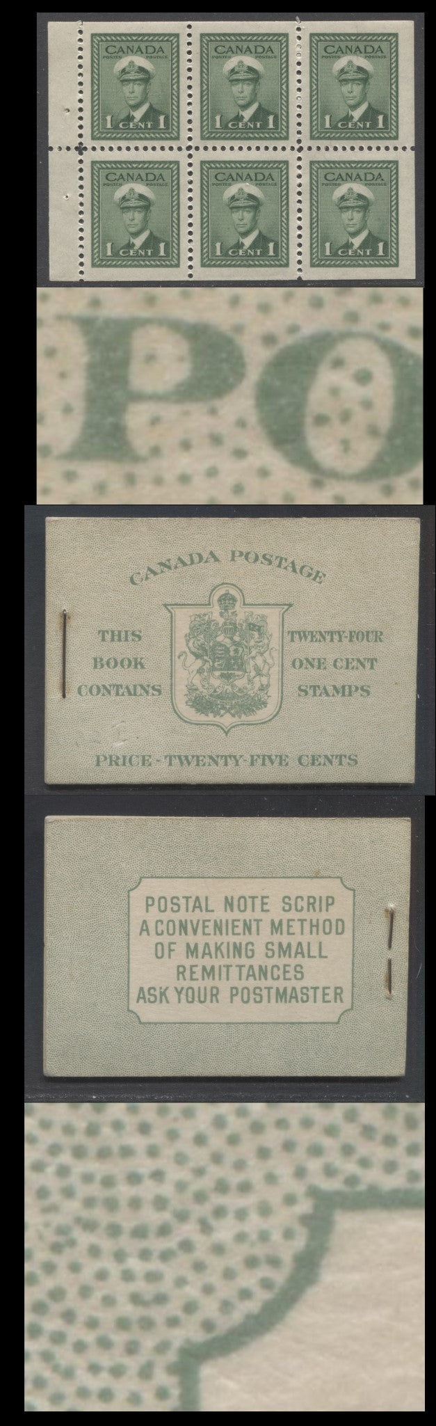 Lot 339 Canada (C) #BK32dE 1942-1947 War Issue, A Complete 25c English Booklet, 4 Panes Of 6 1c Green, Front Cover IIa, Back Cover Cai, Cover Type II, 7c & 6c Rate Page, Postmaster 1 Word, CBN-AAAAA