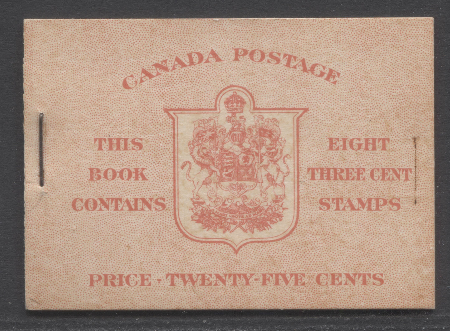 Canada #BK34gE (McCann) 1942-1947 War Issue, A Complete 25c English Booklet, 2 Panes Of 4+2 Labels 3c Dark Carmine, Front Cover IIe, Type 1A Cover, 12mm Staple, No Rate Page, 4,650,000 Issued