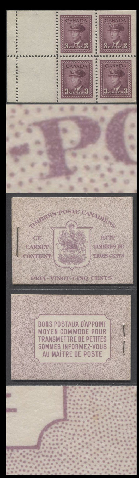 Canada #BK35bFIInDiii 1942-1947 War Issue, A Complete 25c French Booklet, 2 Panes Of 4+2 Labels 3c Rose Violet, Front Cover IIn, Dark Rose Violet Back Cover Diii, Type II, 7c & 6c Rates, 61,000 Issued, Horizontal Ribbed Paper