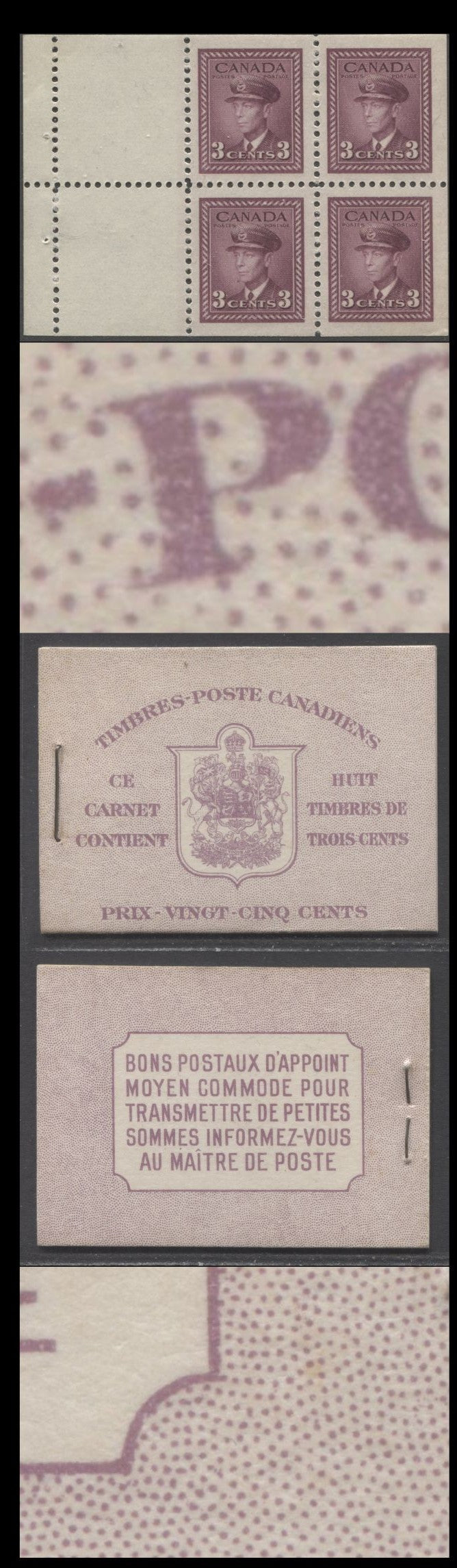 Canada #BK35bFIInDiii 1942-1947 War Issue, A Complete 25c French Booklet, 2 Panes Of 4+2 Labels 3c Rose Violet, Front Cover IIn, Pale Rose Violet Back Cover Diii, Type II, 7c & 6c Rates, 61,000 Issued, Horizontal Ribbed Paper