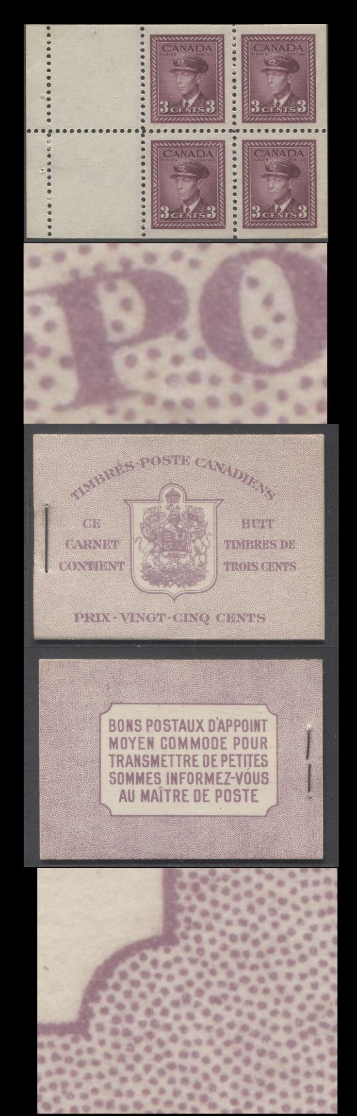 Lot 348 Canada #BK35b IIoDii 1942-1947 War Issue, A Complete 25c French Booklet, 2 Panes Of 4+2 Labels 3c Rose Violet, Front Cover IIo, Dark Rose Violet Back Cover Dii, Type II, 7c & 6c Rates, 61,000 Issued, Paper CBN-SSSSS