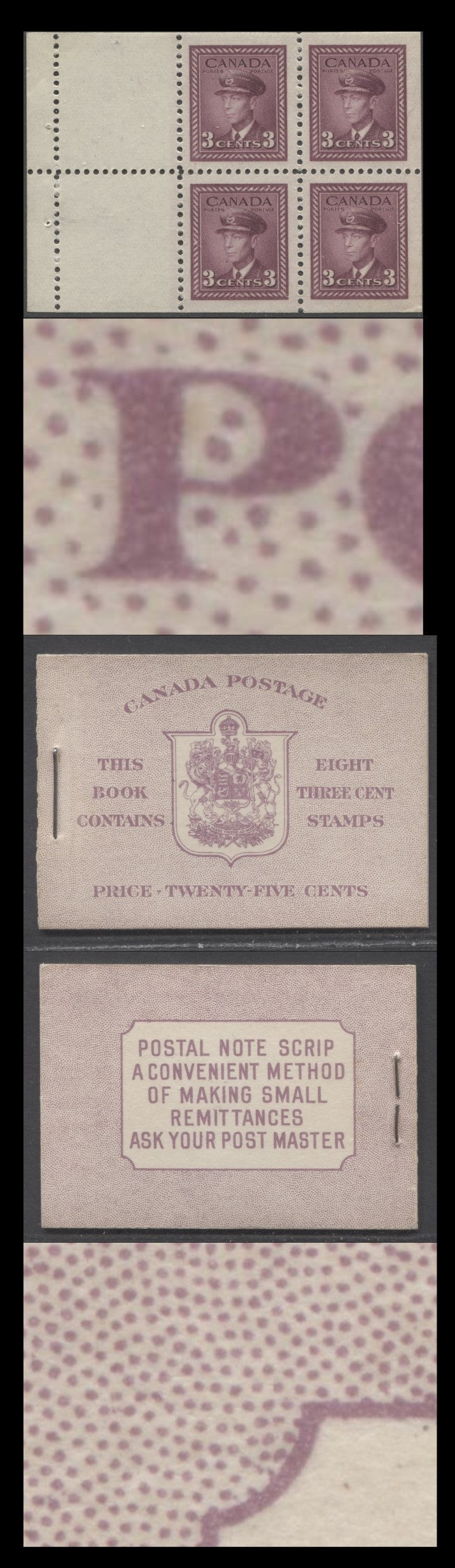 Canada #BK35cEIIeCbiv 1942-1947 War Issue, A Complete 25c English Booklet, 2 Panes Of 4+2 Labels 3c Rose Violet, Front Cover IIa, Back Cover Cbiv, Type IIa, 7c & 6c Rates, 'Post Master' Two Words, Horizontal Ribbed Panes, 1,201,000 Issued