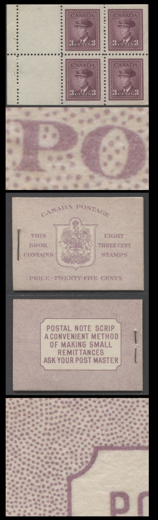 Canada #BK35cE 1942-1947 War Issue, A Complete 25c English Booklet, 2 Panes Of 4+2 Labels 3c Rose Violet, Front Cover IIf, Back Cover Cbii, Type IIa, 7c & 6c Rates, 'Post Master' Two Words, 1,201,000 Issued