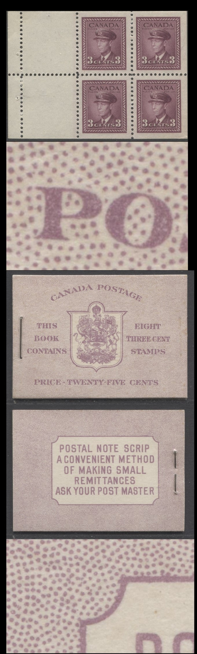 Canada #BK35cE 1942-1947 War Issue, A Complete 25c English Booklet, 2 Panes Of 4+2 Labels 3c Rose Violet, Front Cover IIf, Back Cover Cbiii, Type IIa, 7c & 6c Rates, 'Post Master' Two Words, 1,201,000 Issued