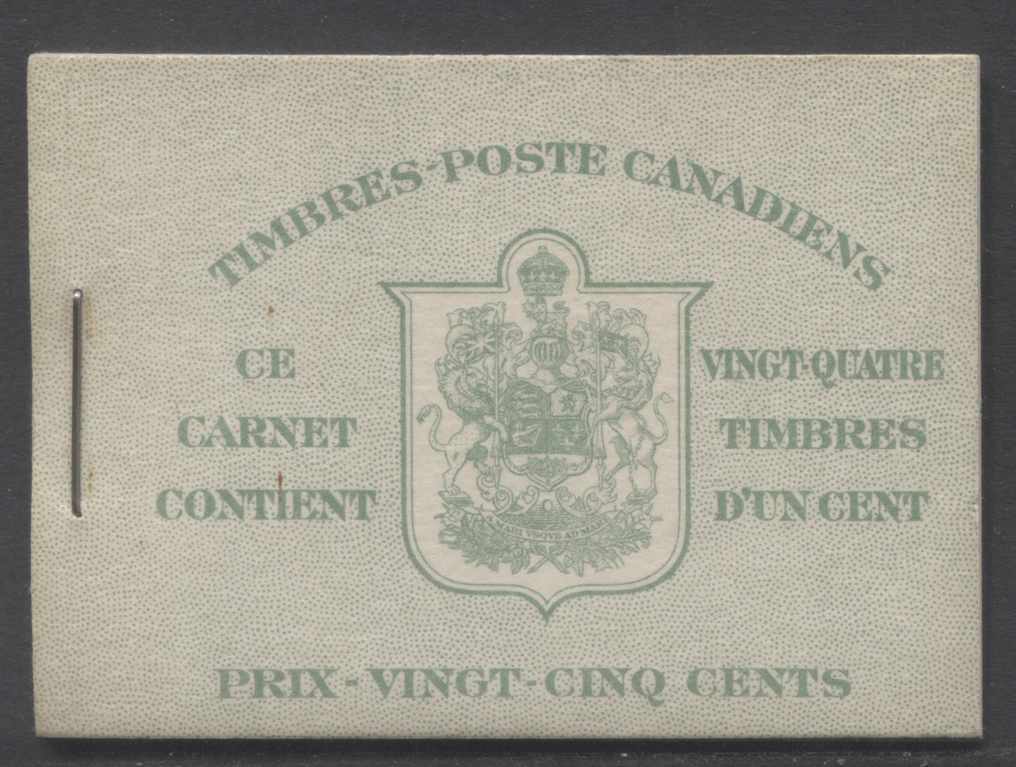 Lot 339 Canada #BK32dF 1942-1947 War Issue, A Complete 25c French Booklet, 4 Panes Of 6 1c Green, Front Cover IIj, Back Cover Di, Cover Type II, 7c & 6c Rate Page, Vertical Cutting Guideline At Upper Left Of Front Cover, 145,000 Issued