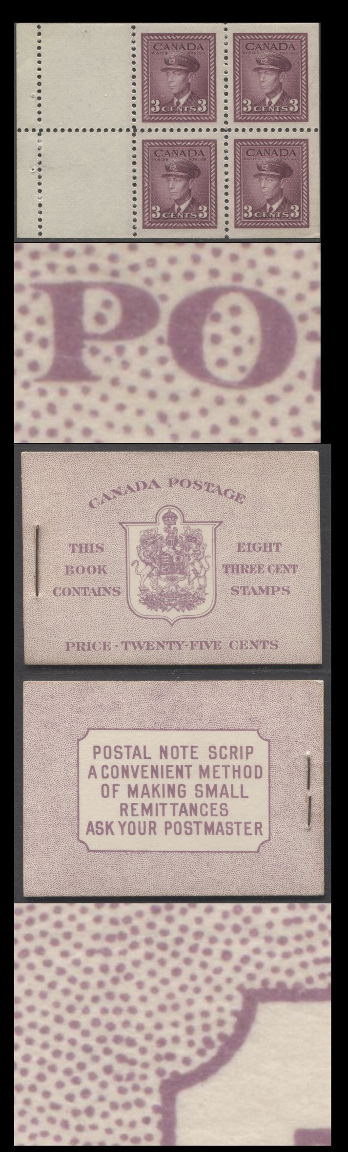 Lot 360 Canada #BK35dE 1942-1947 War Issue, A Complete 25c English Booklet, 2 Panes Of 4+2 Labels 3c Rose Violet, Front Cover IIe, Back Cover Caii, Type II, 7c & 5c Rates Page, 1,201,000 Issued, CBN-UUUUU Paper