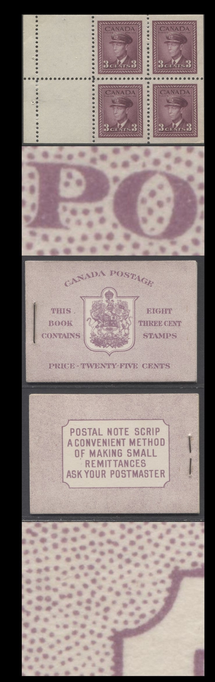 Lot 361 Canada #BK35dE 1942-1947 War Issue, A Complete 25c English Booklet, 2 Panes Of 4+2 Labels 3c Rose Violet, Front Cover IIf, Back Cover Caiii, Type II, 7c & 5c Rates Page, 1,201,000 Issued, CBN-UUUUU Paper