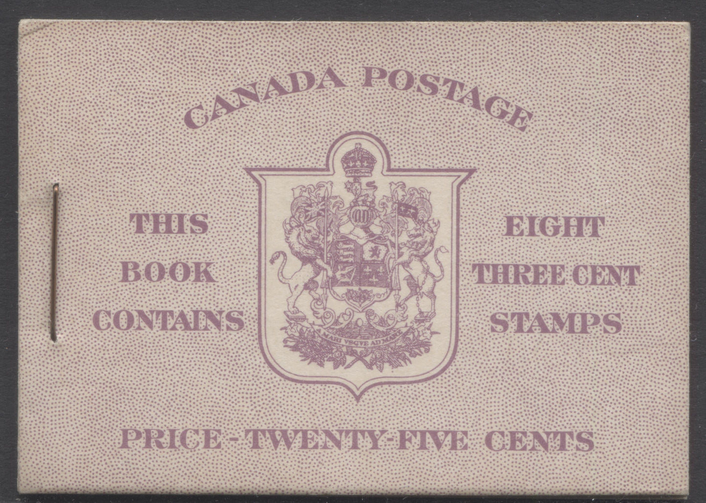 Lot 362 Canada #BK35dE 1942-1947 War Issue, A Complete 25c English Booklet, 2 Panes Of 4+2 Labels 3c Rose Violet, Front Cover IIf, Back Cover Caiv, Type II, Copper Staple Variety, 7c & 5c Rates Page, 1,201,000 Issued, CBN-UUUUU Paper