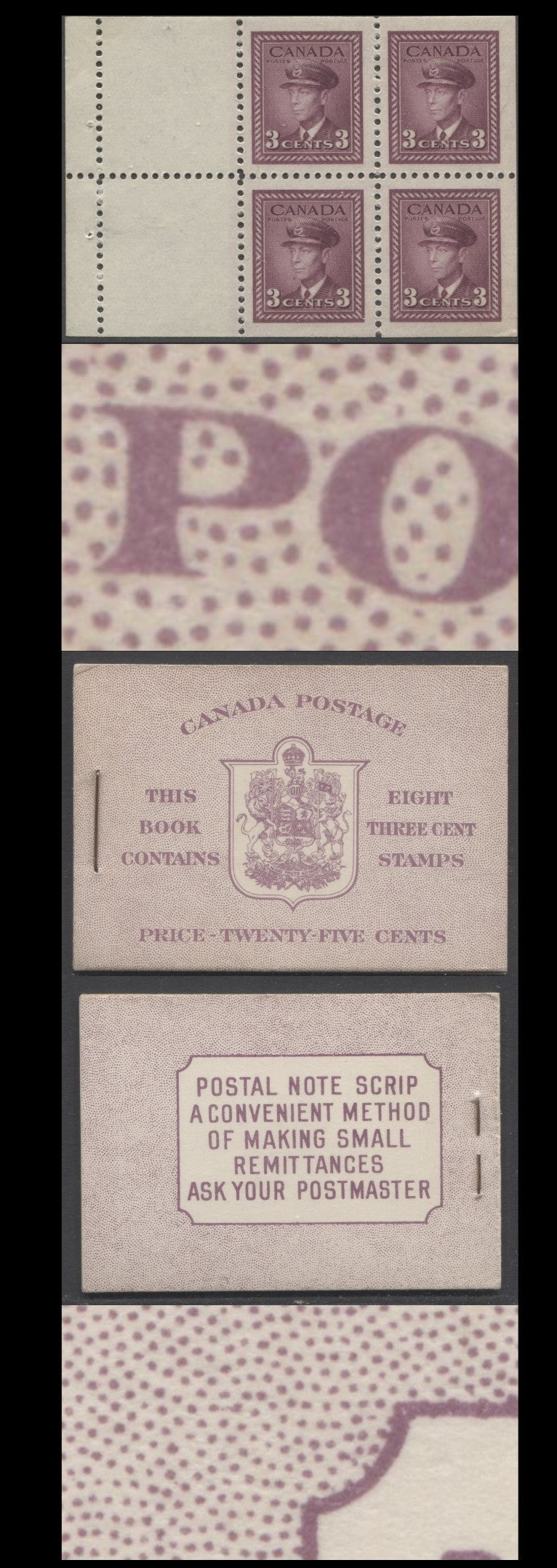 Lot 362 Canada #BK35dE 1942-1947 War Issue, A Complete 25c English Booklet, 2 Panes Of 4+2 Labels 3c Rose Violet, Front Cover IIf, Back Cover Caiv, Type II, Copper Staple Variety, 7c & 5c Rates Page, 1,201,000 Issued, CBN-UUUUU Paper