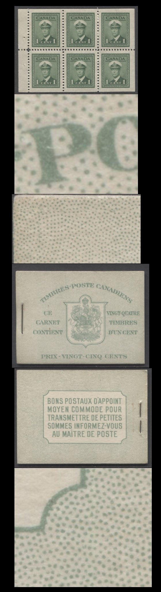Lot 339 Canada #BK32dF 1942-1947 War Issue, A Complete 25c French Booklet, 4 Panes Of 6 1c Green, Front Cover IIj, Back Cover Di, Cover Type II, 7c & 6c Rate Page, Vertical Cutting Guideline At Upper Left Of Front Cover, 145,000 Issued