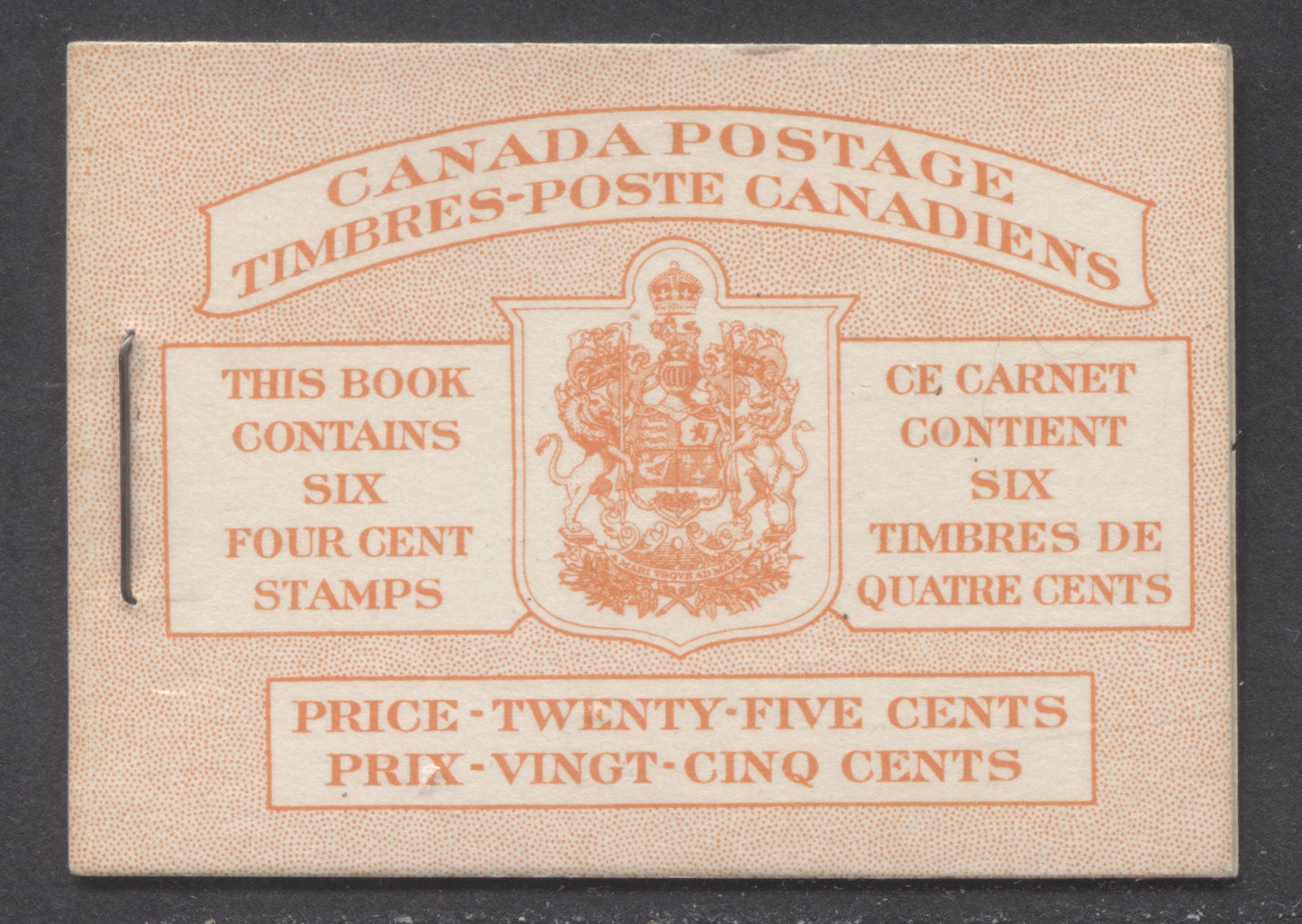 Canada #BK42aBIIIeGi 1949-1951 KGVI Issue, A Complete 25c Bilingual Booklet With 4c Orange, Pane Of 6. Front Cover IIIe, Back Cover Gi, Type II Cover, No Rate Page, 1,597,300 Issued