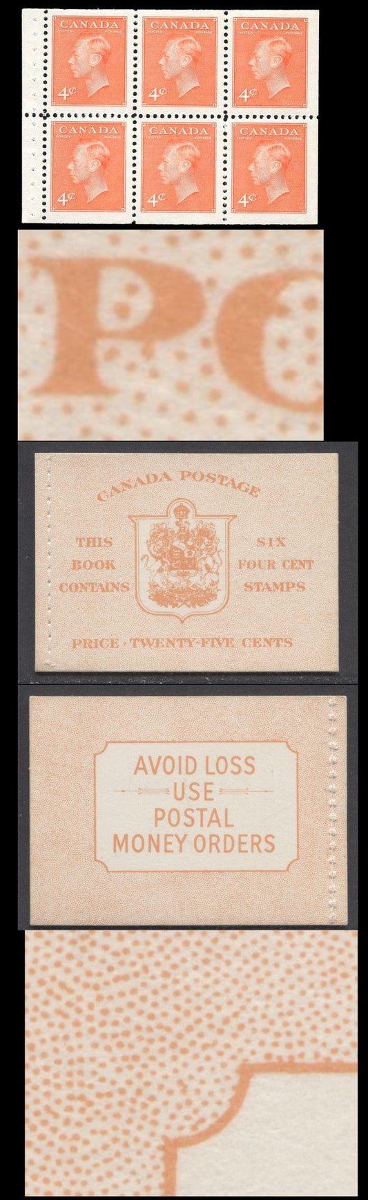 Canada #BK42bEIIiEiii 1949-1951 KGVI Issue, A Complete 25c English Booklet With 4c Orange, Pane Of 6. Front Cover IIi, Back Cover Eiii, Type II Stitched Cover, No Rate Page, 130,425 Issued