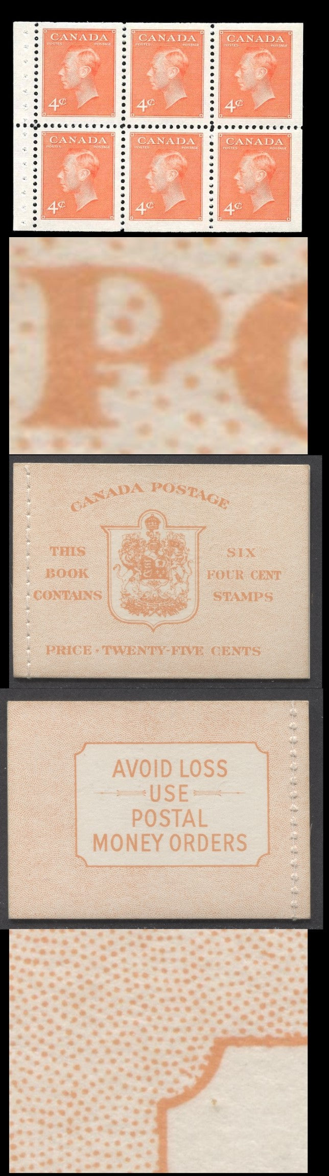 Canada #BK42bEIIi Eiv 1949-1951 KGVI Issue, A Complete 25c English Booklet With 4c Orange, Pane Of 6. Front Cover IIi, Back Cover Eiv, Type II Stitched Cover, No Rate Page, 130,425 Issued