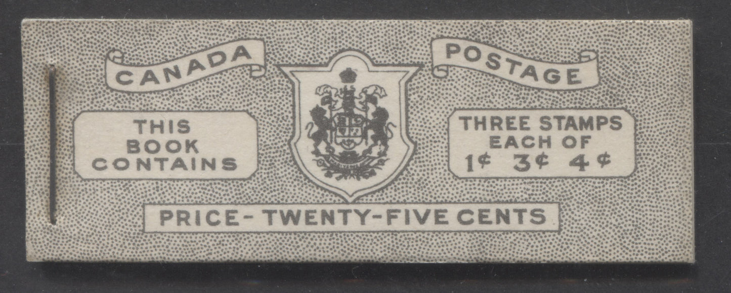 Lot 361 Canada #BK38a 1942-1947 War Issue, A Complete 25c English Booklet With 1c Green, 3c Rosy Plum Violet & Dark Carmine, Panes Of 3. Front Cover IVc, Back Cover Haii, Type II Cover, 7c & 6c Rates, 'Postmaster', CBN-TTTTT & CBN-DDDDD