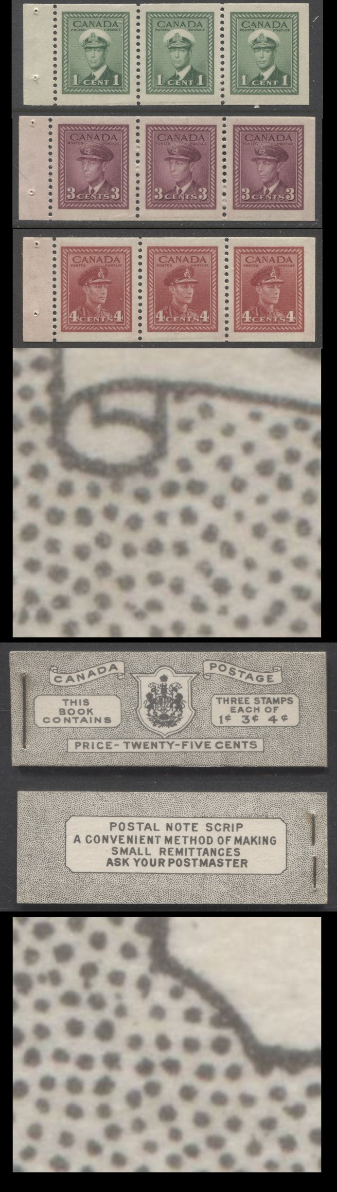 Lot 361 Canada #BK38a 1942-1947 War Issue, A Complete 25c English Booklet With 1c Green, 3c Rosy Plum Violet & Dark Carmine, Panes Of 3. Front Cover IVc, Back Cover Haii, Type II Cover, 7c & 6c Rates, 'Postmaster', CBN-TTTTT & CBN-DDDDD