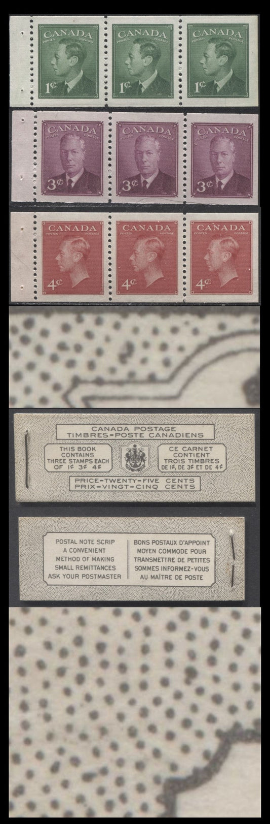 Canada #BK43aB 1949-1951 KGVI Issue, A Complete 25c Bilingual Booklet With 1c Green, 3c Rose Violet & 4c Dark Carmine, Panes Of 3. Front Cover VIh, Back Cover Kaxii, Type I Cover, 7c & 5c Rates, 332,950 Issued