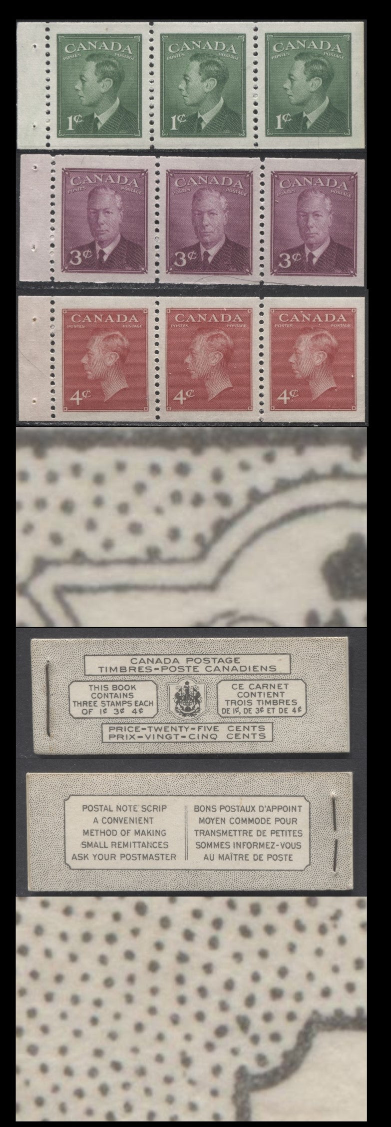 Canada #BK43aB 1949-1951 KGVI Issue, A Complete 25c Bilingual Booklet With 1c Green, 3c Rose Violet & 4c Dark Carmine, Panes Of 3. Front Cover VIj, Back Cover Kaii, Type I Cover, 7c & 5c Rates, 332,950 Issued