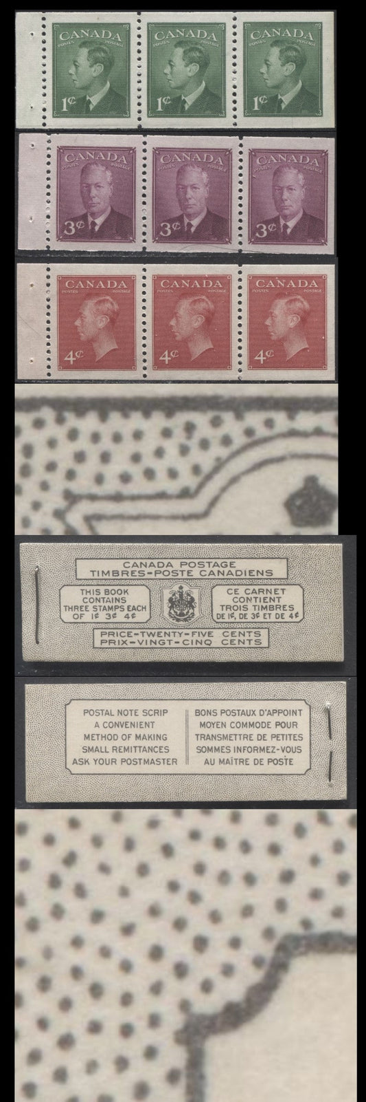 Canada #BK43aB 1949-1951 KGVI Issue, A Complete 25c Bilingual Booklet With 1c Green, 3c Rose Violet & 4c Dark Carmine, Panes Of 3. Front Cover VIl, Back Cover Kaxi, Type I Cover, 7c & 5c Rates, 332,950 Issued