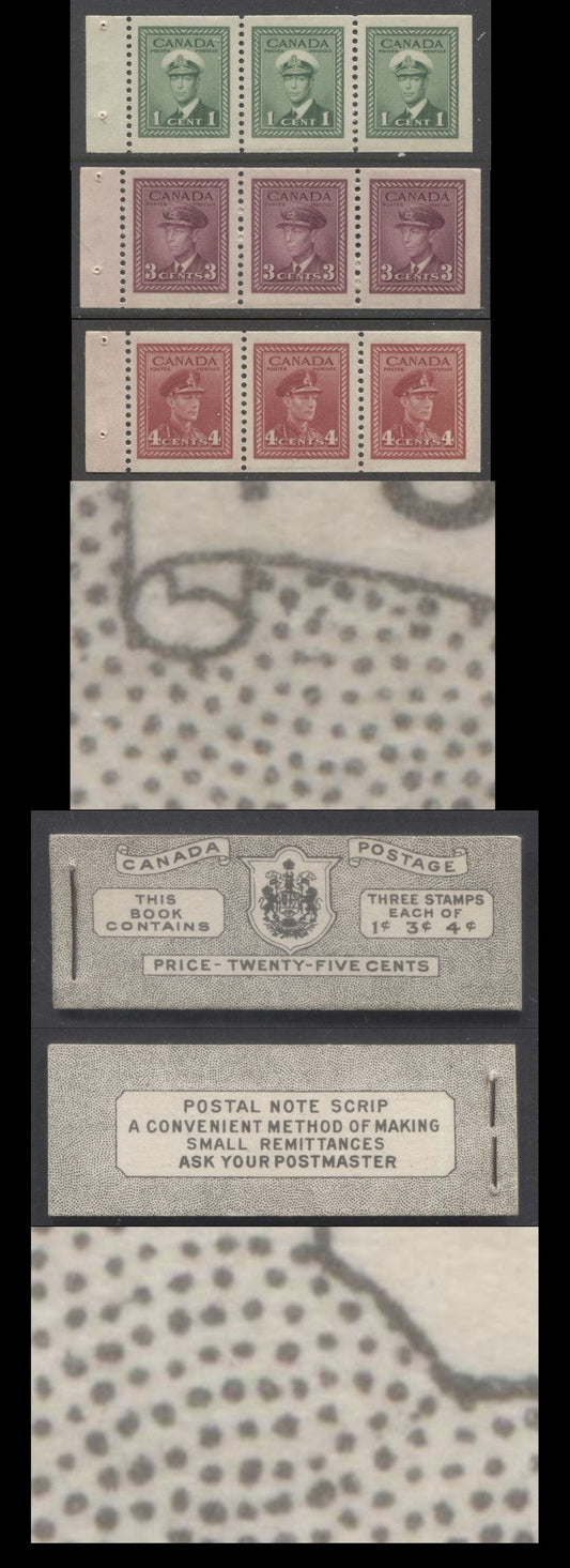 Lot 366 Canada #BK38a 1942-1947 War Issue, A Complete 25c English Booklet With 1c Green, 3c Rosy Purple & Dark Carmine, Panes Of 3. Front Cover IVd, Back Cover Hai, Type II Cover, 7c & 6c Rates, 'Postmaster', CBN-ZZZZZ Paper