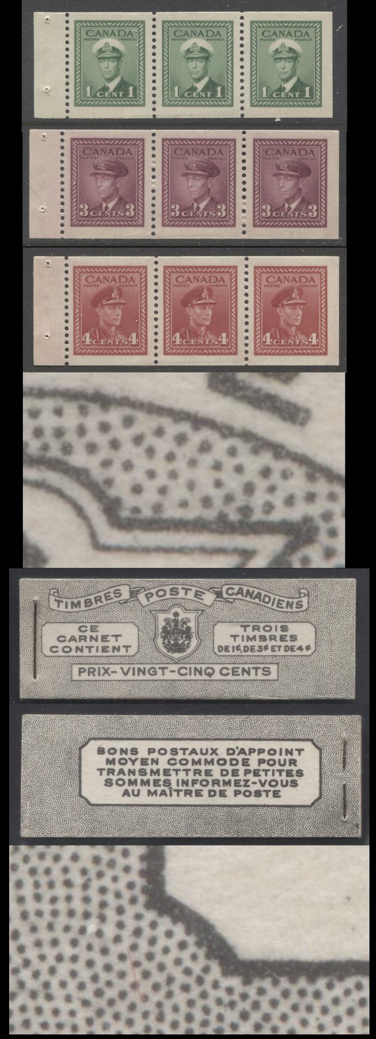 Lot 377 Canada #BK38aF 1942-1947 War Issue, A Complete 25c French Booklet With 1c Green, 3c Rosy Purple & Carmine, Panes Of 3. Front Cover Va, Back Cover Jvi, Type II Cover, 7c & 6c Rates, 496,000 Issued, CBN-NNNN and CBN-BBBBB Papers