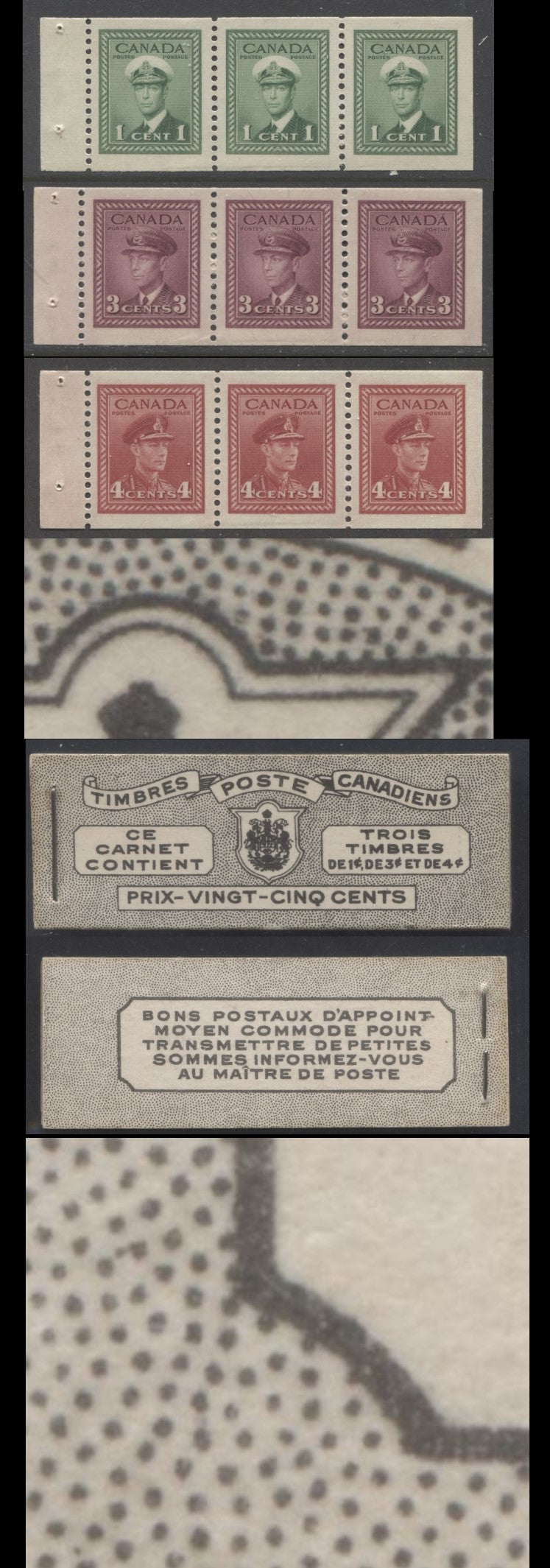 Lot 378 Canada #BK38a 1942-1947 War Issue, A Complete 25c French Booklet With 1c Green, 3c Rosy Plum & Carmine, Panes Of 3. Front Cover Vd, Back Cover Jiii, Type II Cover, 7c & 6c Rates, 496,000 Issued, CBN-DDDDD Paper