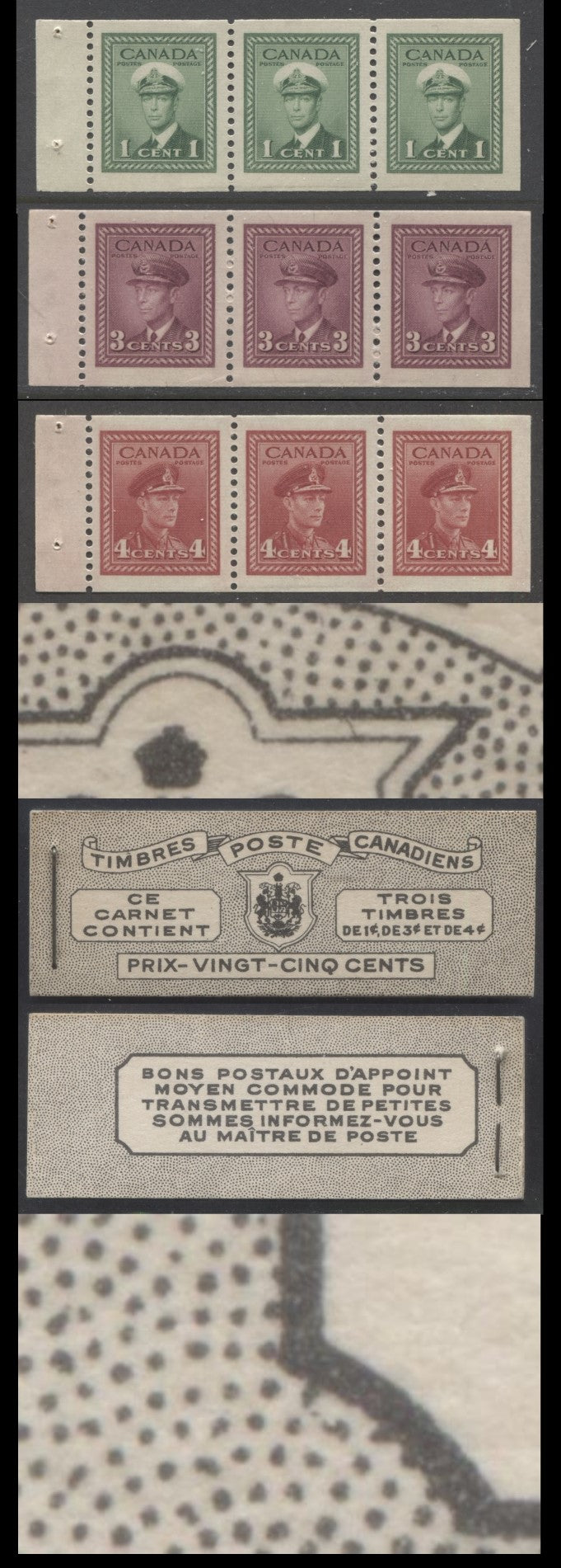 Canada #BK38aF 1942-1947 War Issue, A Complete 25c French Booklet With 1c Green, 3c Rose Violet & Dark Carmine, Panes Of 3. Front Cover Vd, Back Cover Jiv, Type II Cover, 7c & 6c Rates, 496,000 Issued