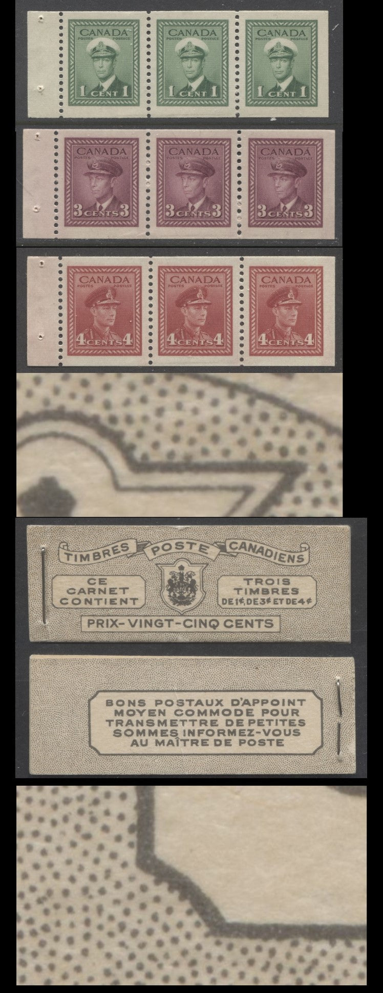 Canada #BK38aF 1942-1947 War Issue, A Complete 25c French Booklet With 1c Green, 3c Rose Violet & Dark Carmine, Panes Of 3. Front Cover Ve, Back Cover Ji, Type II Cover, 7c & 6c Rates, 496,000 Issued