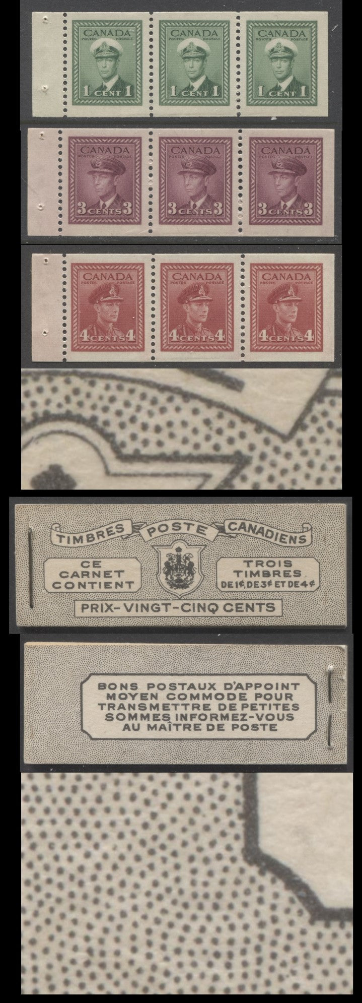 Canada #BK38aF 1942-1947 War Issue, A Complete 25c French Booklet With 1c Green, 3c Rose Violet & Dark Carmine, Panes Of 3. Front Cover Vl, Back Cover Jviii, Type II Cover, 7c & 6c Rates, 496,000 Issued