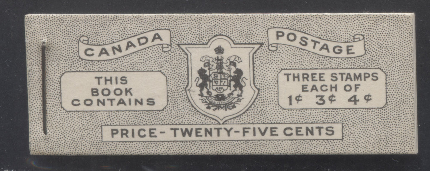 Canada #BK38bE 1942-1947 War Issue, A Complete 25c English Booklet With 1c Green, 3c Rose Violet & Dark Carmine, Panes Of 3. Front Cover IVc, Back Cover Hai, Type II Cover, 7c & 5c Rates, 'Postmaster' , 5,464,000 Issued