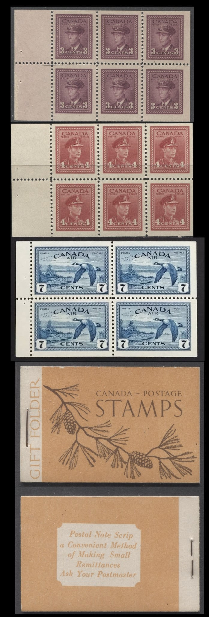 Lot 383 Canada #BK39a 1942-1947 War Issue, A Complete $1 English Booklet With 3c Rosy Purple & 4c Dark Carmine Panes Of 4 & 2 Panes Of 4 Of 7c blue. Combination Gift Booklet, 17mm Staple, English Text, 404,500 Issued, CBN-XXXXXX Paper