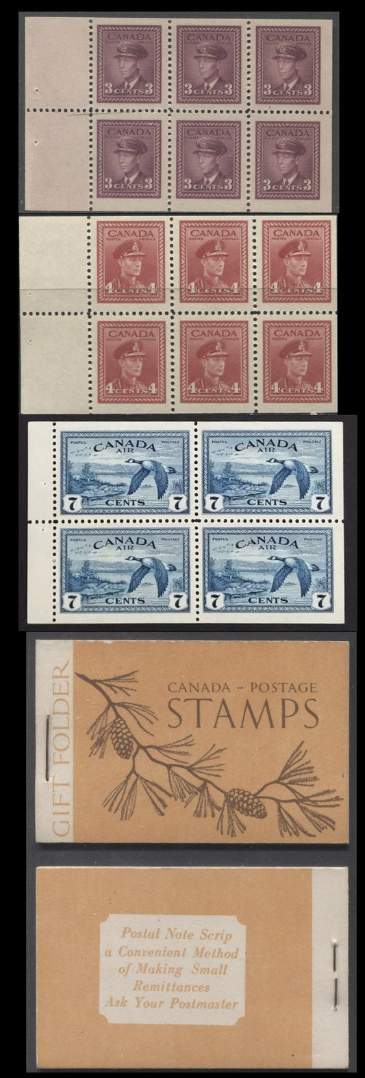 Lot 383 Canada #BK39a 1942-1947 War Issue, A Complete $1 English Booklet With 3c Rosy Purple & 4c Dark Carmine Panes Of 4 & 2 Panes Of 4 Of 7c blue. Combination Gift Booklet, 17mm Staple, English Text, 404,500 Issued, CBN-XXXXXX Paper