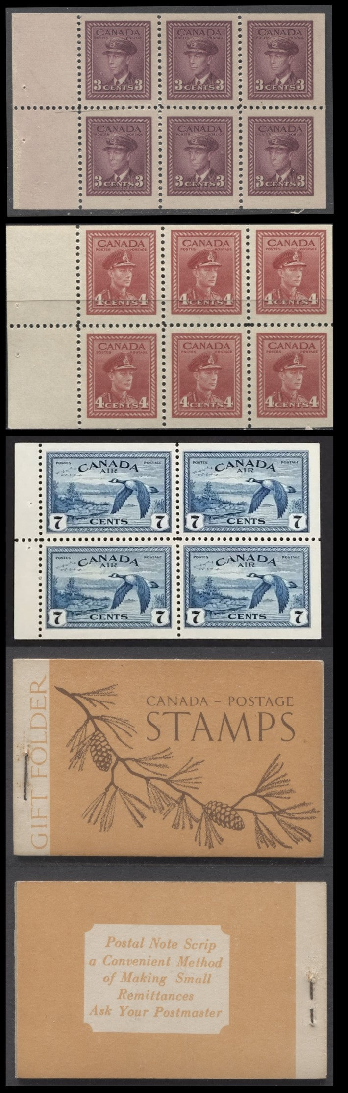 Canada #BK39cE (McCann) 1942-1947 War Issue, A Complete $1 English Booklet With 3c Rose Violet & 4c Dark Carmine Panes Of 4 & 2 Panes Of 4 Of 7c blue. Combination Gift Booklet, 12mm Staple, English Text, 404,500 Issued