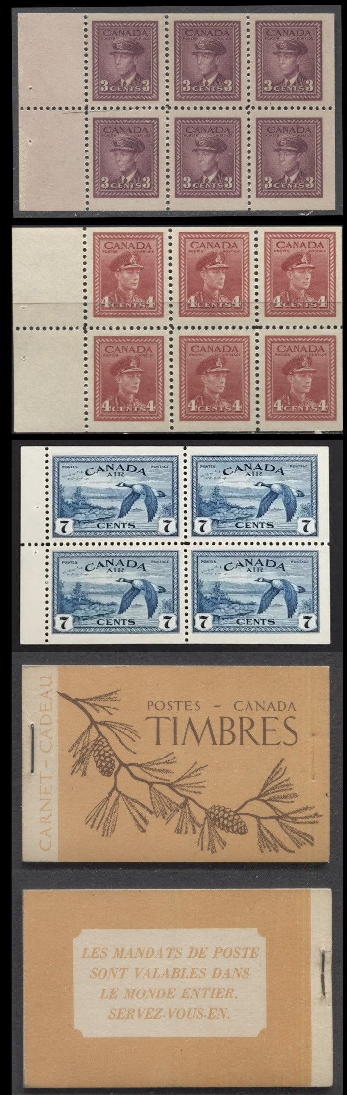Lot 398 Canada #BK39cF (McCann) 1942-1947 War Issue, A Complete $1 French Booklet With 3c Rose Violet & 4c Dark Carmine Panes Of 4 & 2 Panes Of 4 Of 7c blue. Combination Gift Booklet, 12mm Staple, French Text, 100,000 Issued, CBN-OOOOOOO Paper